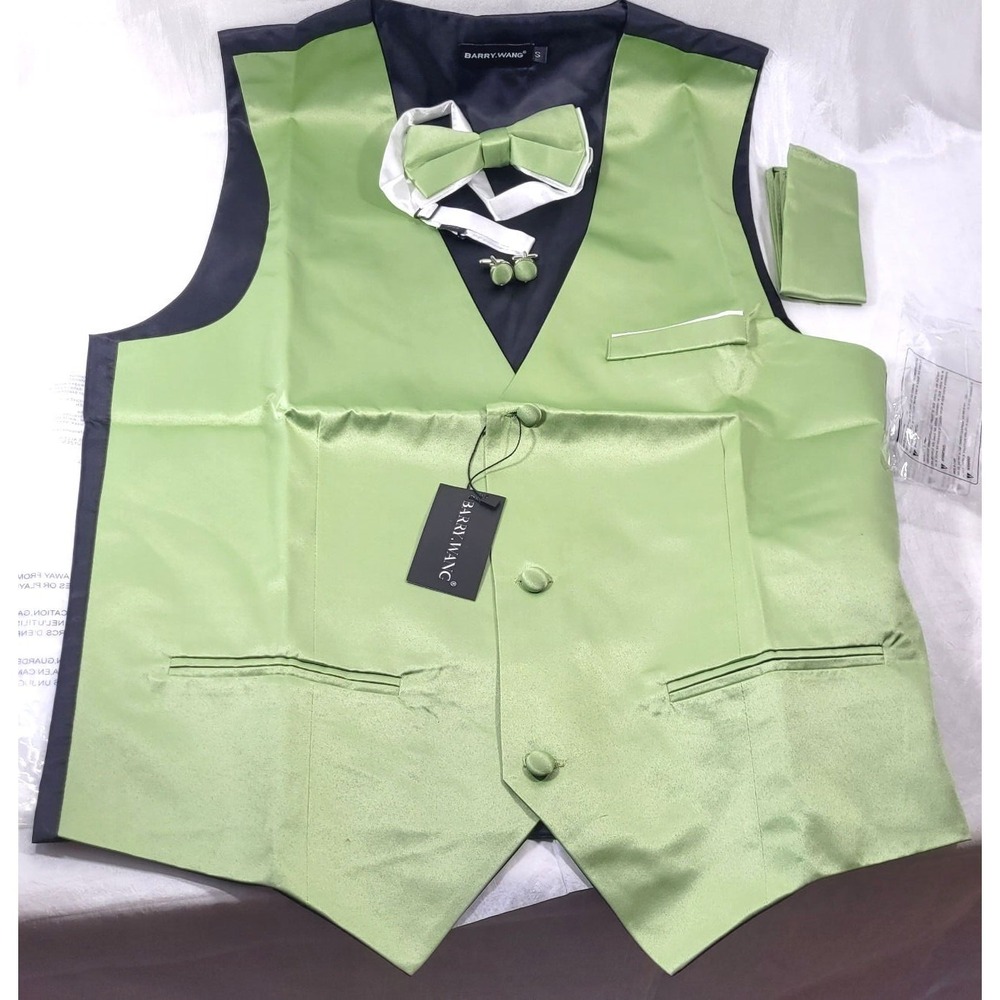 Barry Wang Men's Satin Tuxedo Suit Vest, Bowtie, Cufflinks, Hanky Set - Small